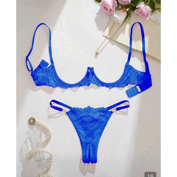 No Brand Other - 2 Piece Set Blue Lingerie Set Women Sheer Hallow Cutout Bra& Thong Small  #1314